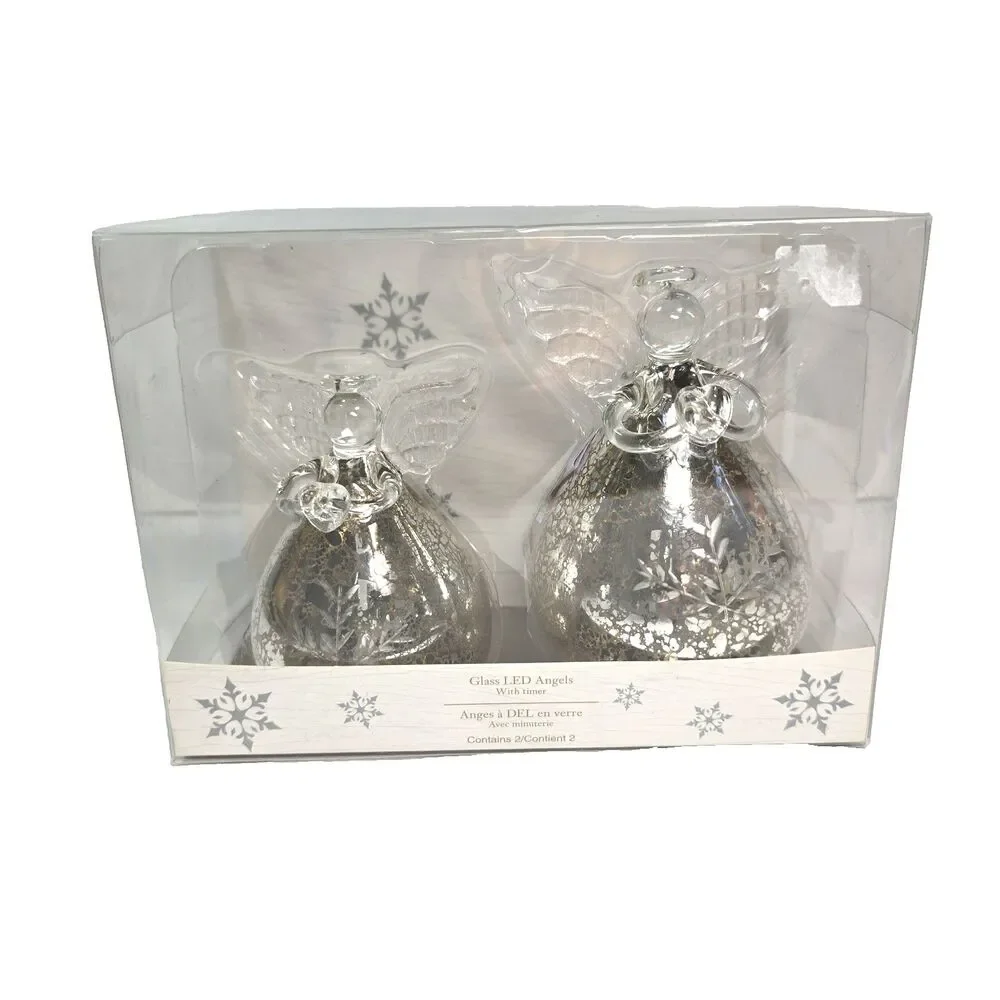 Handblown Mini Set 2 Glass Angels Light Up With Timer Pier One CHRISTMAS Open Bo